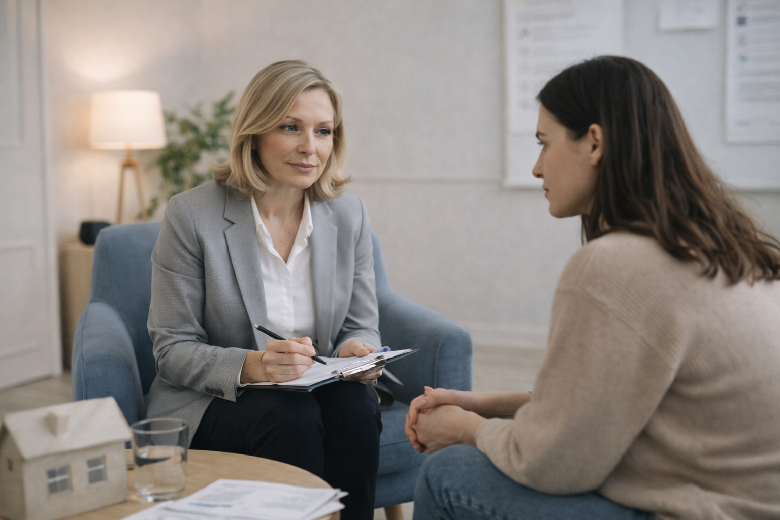 Illustration of a MIAM session taking place, with a mediator and one person sitting at a table